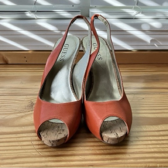 Guess Orange Peep-Toe Slingback Cork Heel Pump Shoes Size 6.5 Fall - Picture 3 of 4